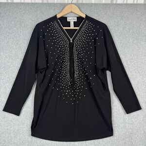 Joseph Ribkoff Top Womens Size 6 Black Studded Zip Front Tunic Top Long Sleeve